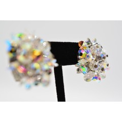 Vintage Crystal Clip On Earrings Watermelon Aurora Borealis Chunky 1960s BinAG