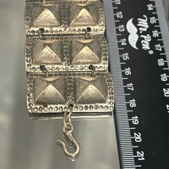 Vintage Brutalist Wide Panel Bracelet Silver Tone Pyramid Design Coin Charm 7.5
