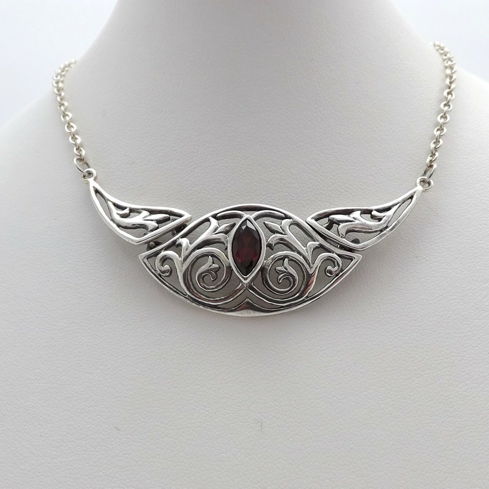 Modernist Sterling Silver Garnet January Birthstone Articulated Pendant Necklace