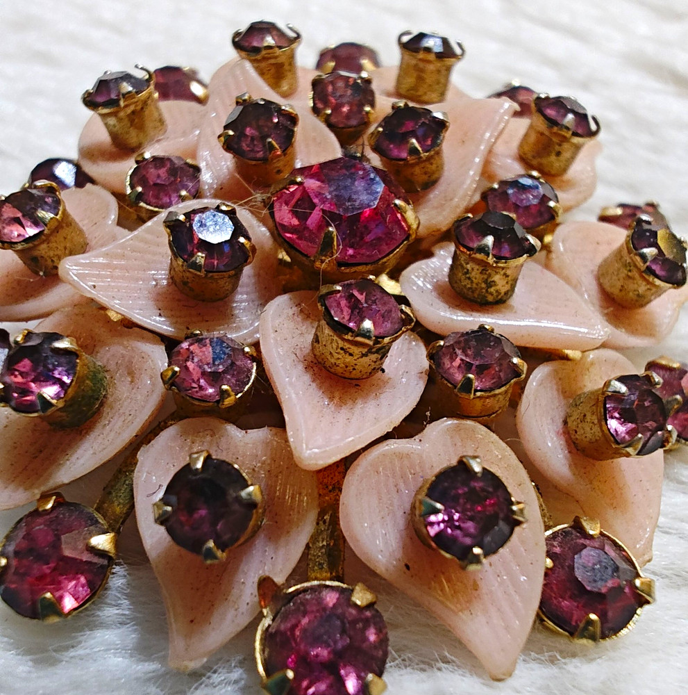 Vintage Flower Brooch Pin Gold Tone Pink Plastic Purple Rhinestones 1.5 in