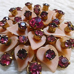Vintage Flower Brooch Pin Gold Tone Pink Plastic Purple Rhinestones 1.5 in