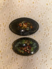 Vintage Hand Painted Russian Lacquer Brooches Signed Floral Folk Art Set Of 2