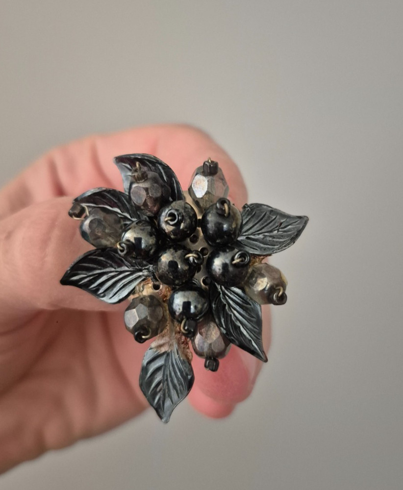Vintage Western Germany Silver, and dark grey beaded brooch