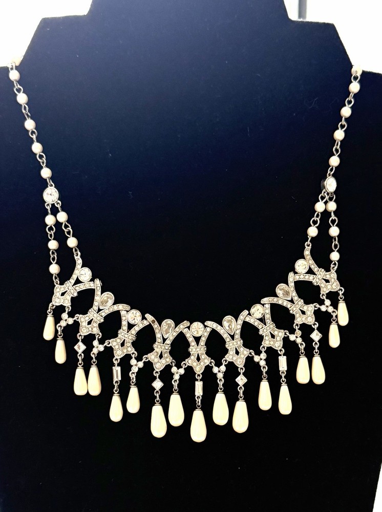 Vintage Ornate Carol Lee Rhinestone Faux Pearl Drop Choker Necklace Deco Gala