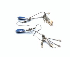 Vintage Southwest Nickel Silver Mix Metal Blue Resin Drop Dangle Hook Earrings