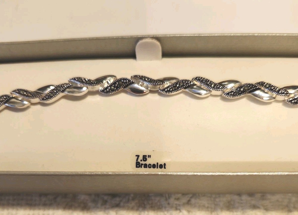 Vintage Marcasite-Style Rhinestone Link Bracelet 7.5″ NIB Fine Silver Plate