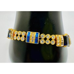 Vintage Gold Tone Blue and Clear Crystal Link Bracelet with Extender 7.25-8.5 In