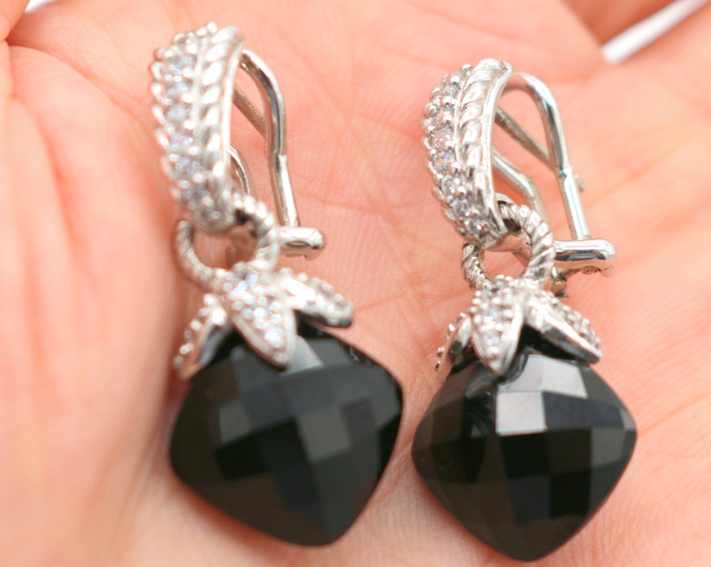 Judith Ripka Sterling Silver 925 Black Onyx Cubic Zirconia Dangle Drop Earrings
