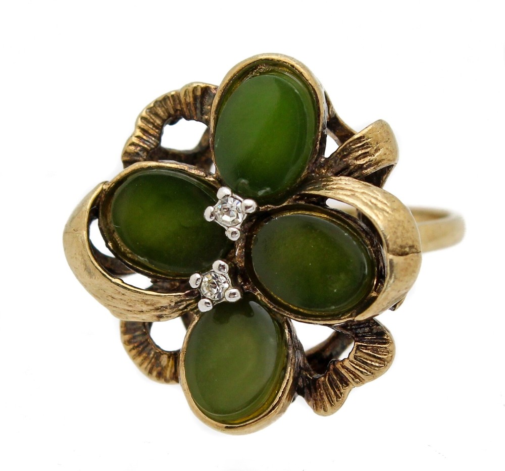 Uncas Mfg. Co. 14KT HGE Gold Electroplated Chrysoprase Clear CZ Stones Ring