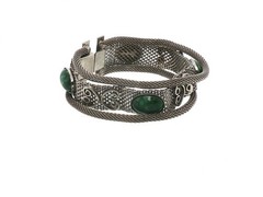 Vintage Silver Tone Filigree Mesh Bracelet Green Cabochon Stones Ornate Design
