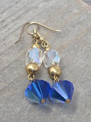 Blue & Clear AB Crystal Dangle Drop Earrings Gold Tone Accents Vintage 2 Inches