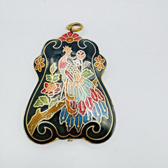 VTG Chinese Cloisonne Enamel Peacock Double Sided Pendant Black Floral