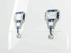 Art Deco Style Lab Created Diamond & Sapphire Wedding 14K White Gold FN Earrings