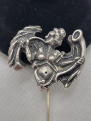 Vintage Art Nouveau Pin Winged Fairy Blowing a Horn Oxidized 2.8″ 1″ x 1″
