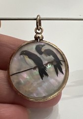 Antique Victorian Gold Filled Mother Of Pearl Bird Feather Round Etched Pendant