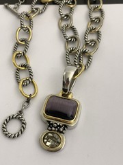 Vintage Silver and Gold Tone Cable Chunky Chain Necklace w/ Purple Stone Pendant
