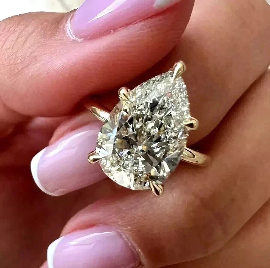 4ct Pear Cut Lab Created Diamond Solitaire 14K Yellow Gold FN Engagement Ring