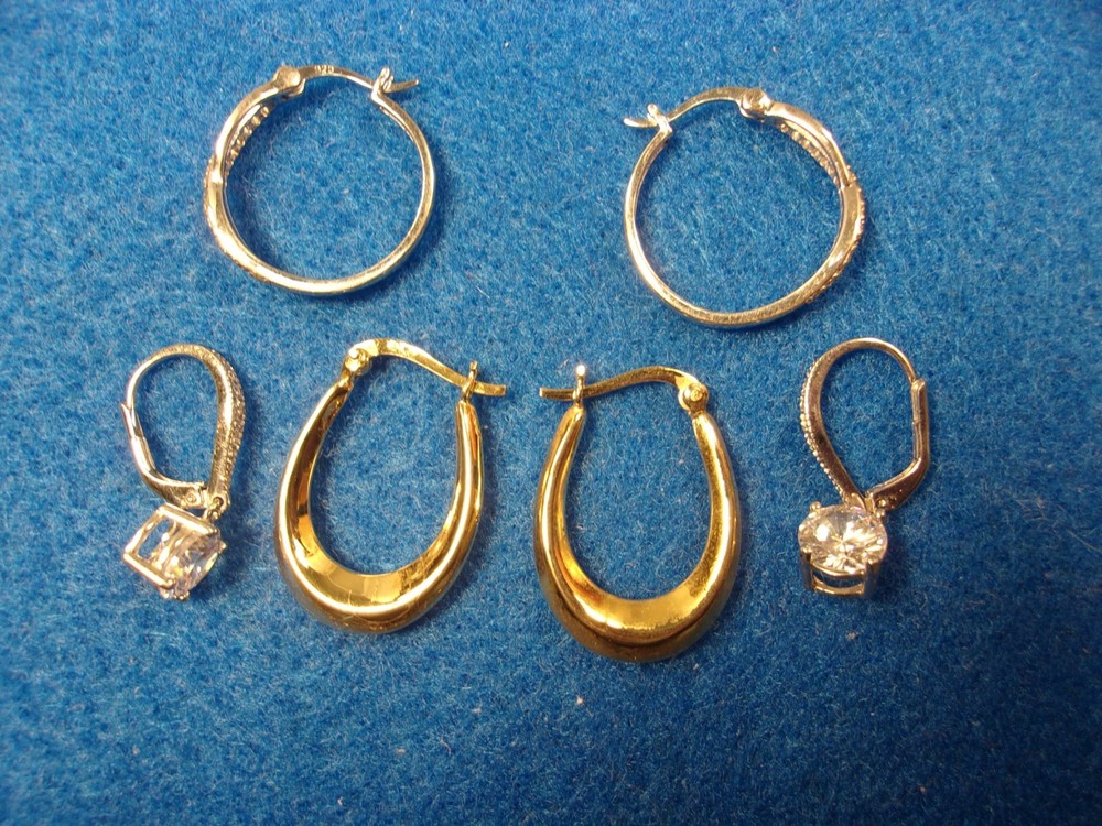 3 PAIRS OF STERLING SILVER EARRINGS: CZ HOOPS, STUDS/DROPS; GOLD PLATED HOOPS