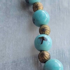 Vintage Lampwork Aqua Blue Glass Bead Necklace Textured Brass Spacers Art Glass