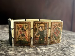 Antique Persian Hand Painted 8-Panel Story Bracelet on Bone Pin & Barrel Lock