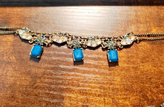 Vtg Liz Claiborne LC Brass toned, Clear Rhinestones with Blue Stones Necklace
