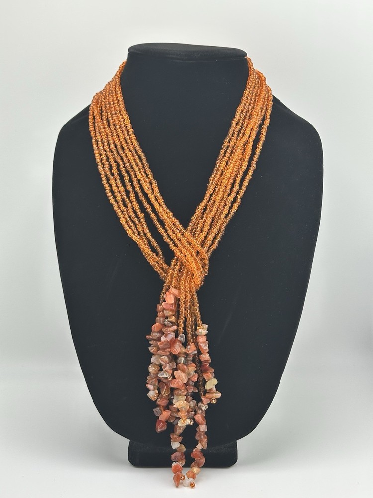 Vintage Multi Strand Orange Glass Seed Bead Open End Lariat Scarf Necklace