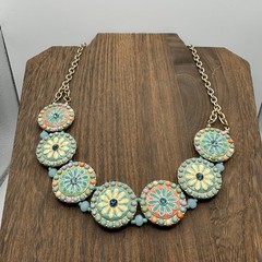 Vintage Boho Hippie Multicolor Enamel Flower Coin Beaded Goldtone Chain Necklace