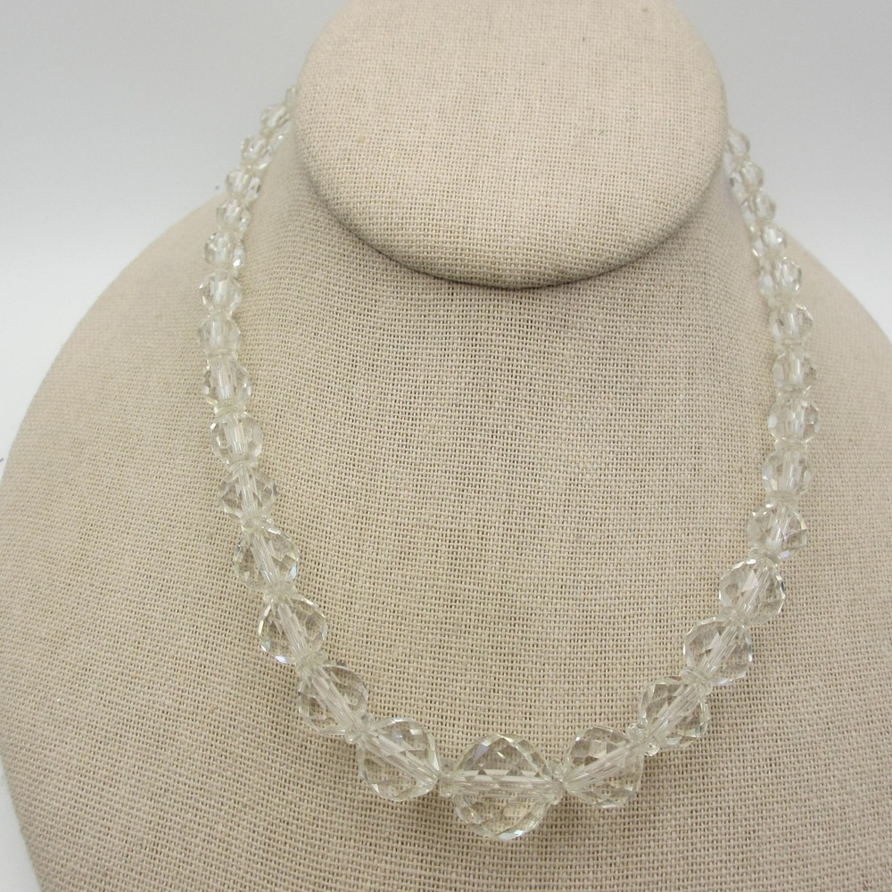 Vintage Glass Bead Necklace Graduated Faceted Crystal Choker 15 Inch