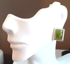 Vintage 1980’s Silver Tone Rectangle Green PREHNITE Post .75″ Stud Earrings