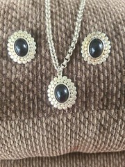 Silver tone Cabochon Onyx Necklace And Pierced Earrings
