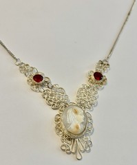 Antique Genuine Shell Cameo Faceted Red Stone Silver Tone Filigree Necklace