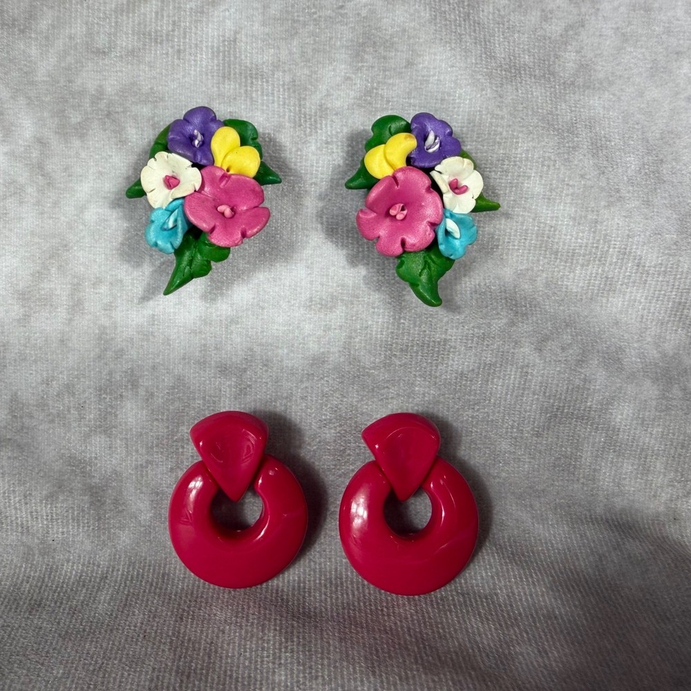 Vtg Clip On Earrings Lot 80s Pink Plastic Geometric & Polymer Clay Flower Floral