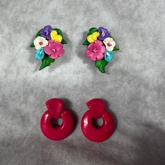 Vtg Clip On Earrings Lot 80s Pink Plastic Geometric & Polymer Clay Flower Floral