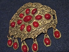 Vintage Central Asian Ethnic Hair Stick Pin Brooch Handcrafted Metal Red Glass