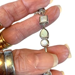 Vintage Silver Tone & Faux Moonstone Bracelet Dainty 80’s with Fold Over Clasp