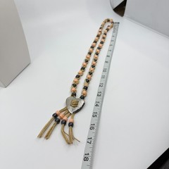 Boho Heart Bolo Necklace Gold Tone Woven Cord Peach Black Beads