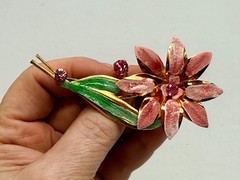 Vintage Rhinestone Flower Brooch Pink, Green Enamel Pin Estate MCM Jewelry 3.5in