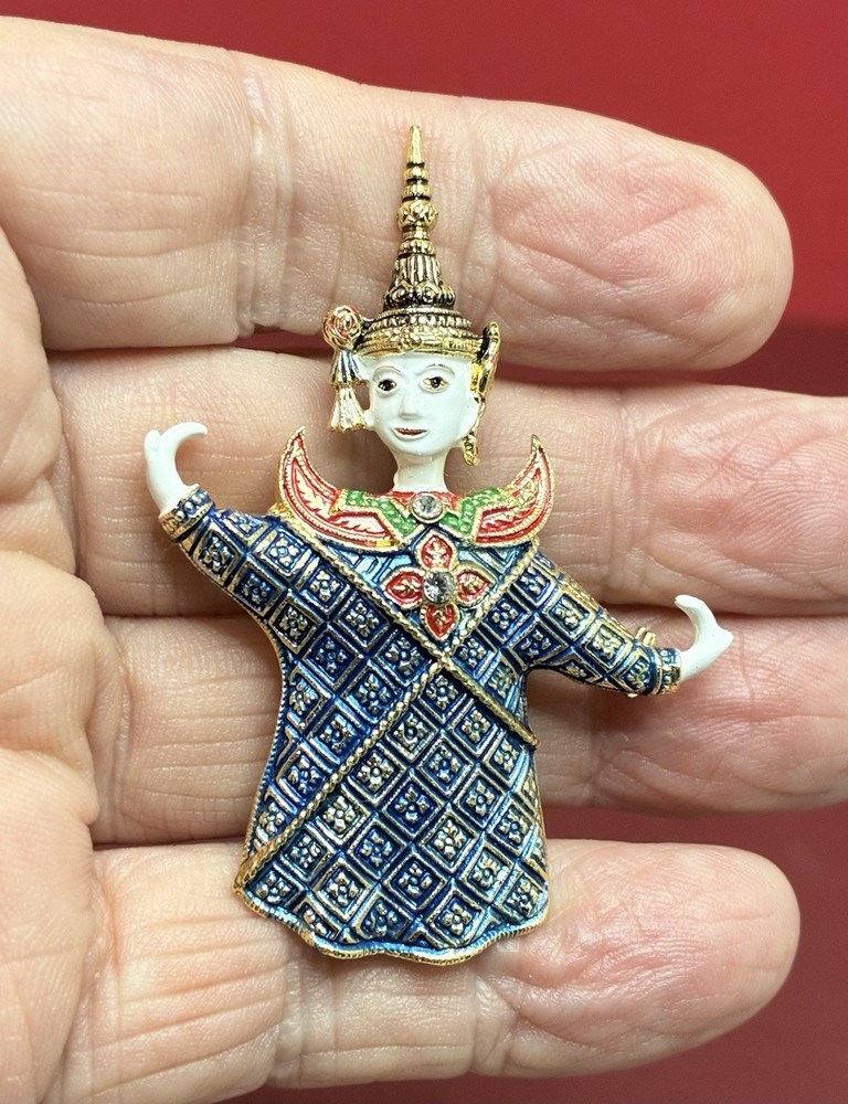 Vintage Siam Thai Dancer Enamel Pin Brooch Gold Tone Rhinestone Rare HTF