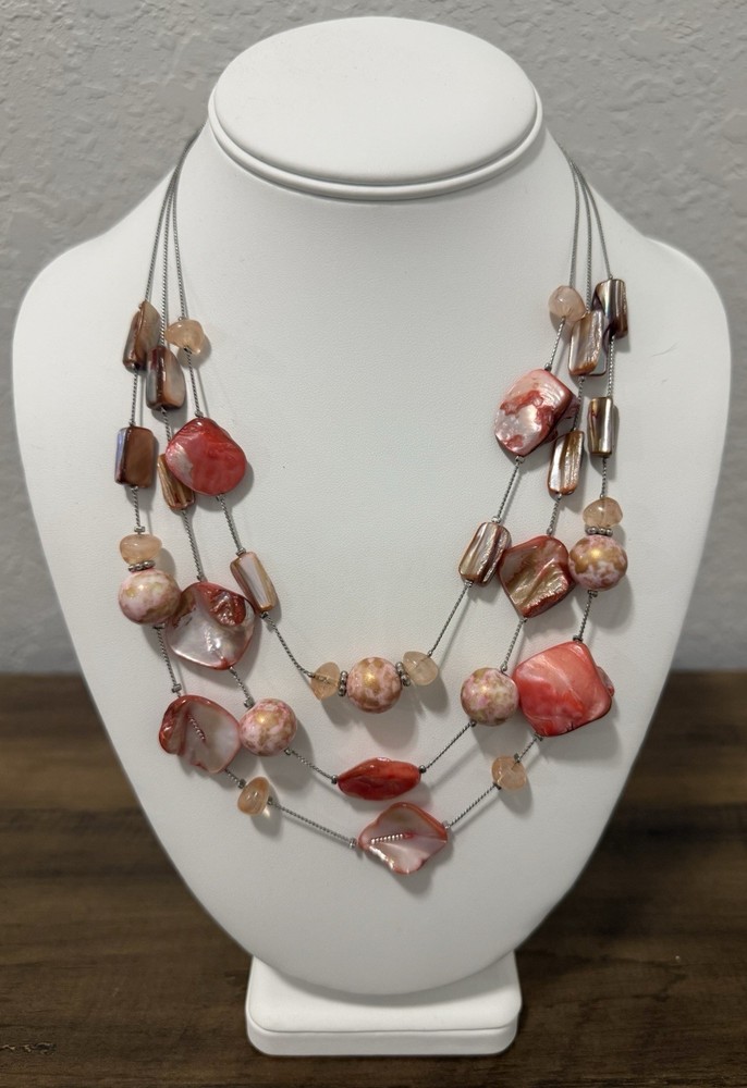 New York & Co Triple Strand Organic Peach Coral Salmon Pink Necklace