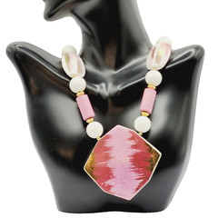 Hand Painted Porcelain Ceramic Pendant Beaded Vintage Necklace 30 Inch Japan