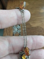 Antique Art Deco Silver Wash Czech Gold Glass 7-8 Inch Link Bracelet Draw String