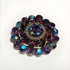 VTG UNSIGNED Round Peacock Blue Aurora Borealis Iridescent Rhinestone Brooch, 2”
