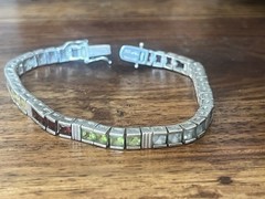 Vintage Sterling 925 Channel Set Square Cut Multi Colored Gemstone Bracelet
