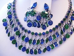 WEISS Lavish ADMIRAL BLUE & FOREST GREEN Rhinestones FRINGE Necklace & Earrings