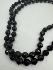 Vintage Jet Black Faceted Bead Double Strand Necklace Earring Brooch Jewelry Set