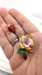 Vintage Flower Brooch Lot Rose Ladybug Enamel Floral Pins 4 Piece Collection