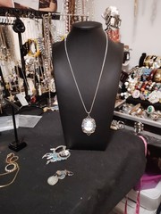 Oval Cameo Pendant Necklace Blue & White Cameo on a Sterling Chain