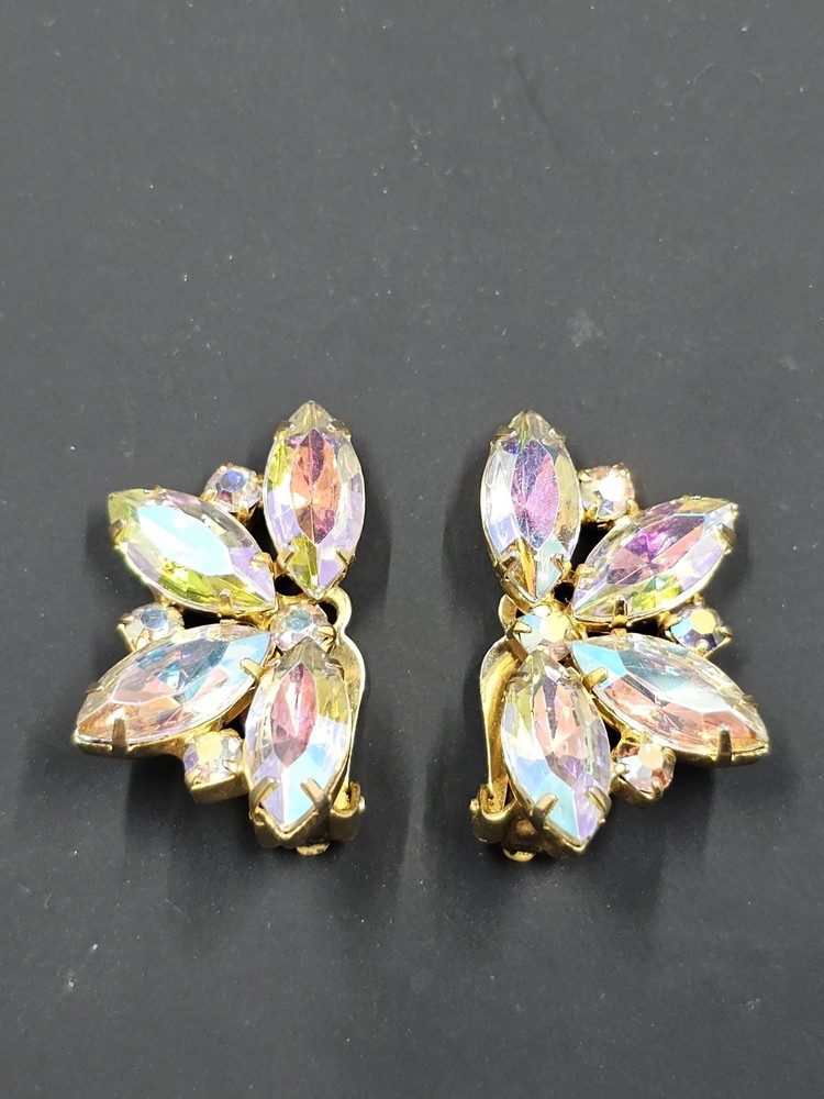 Vintage Goldtone Yellow & Lavender Aurora Borealis Glass Clip-On Earrings