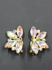 Vintage Goldtone Yellow & Lavender Aurora Borealis Glass Clip-On Earrings