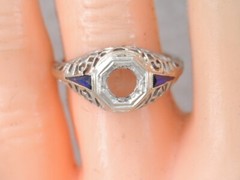 VINTAGE ART DECO 18K WHITE GOLD SAPPHIRE FILIGREE SEMI MOUNT RING 5 1/2